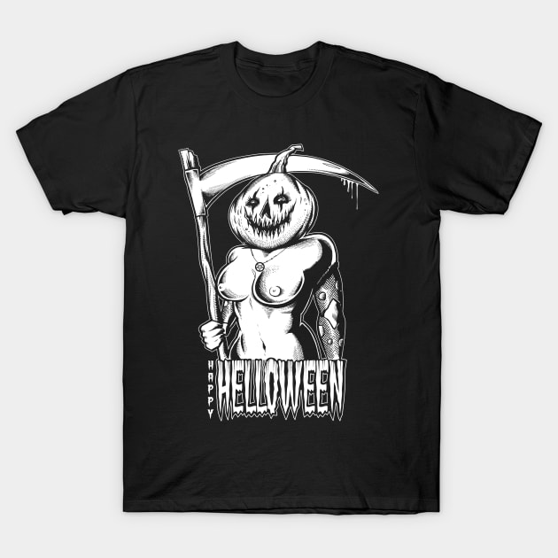 Halloween Pumpkin Lady T-Shirt by wildsidecomix